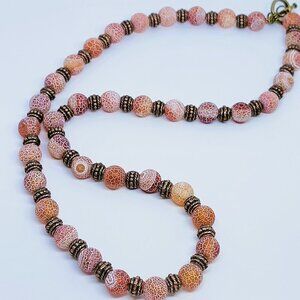 Crackled Pink Beads‎ with Brass Necklace  Handmade